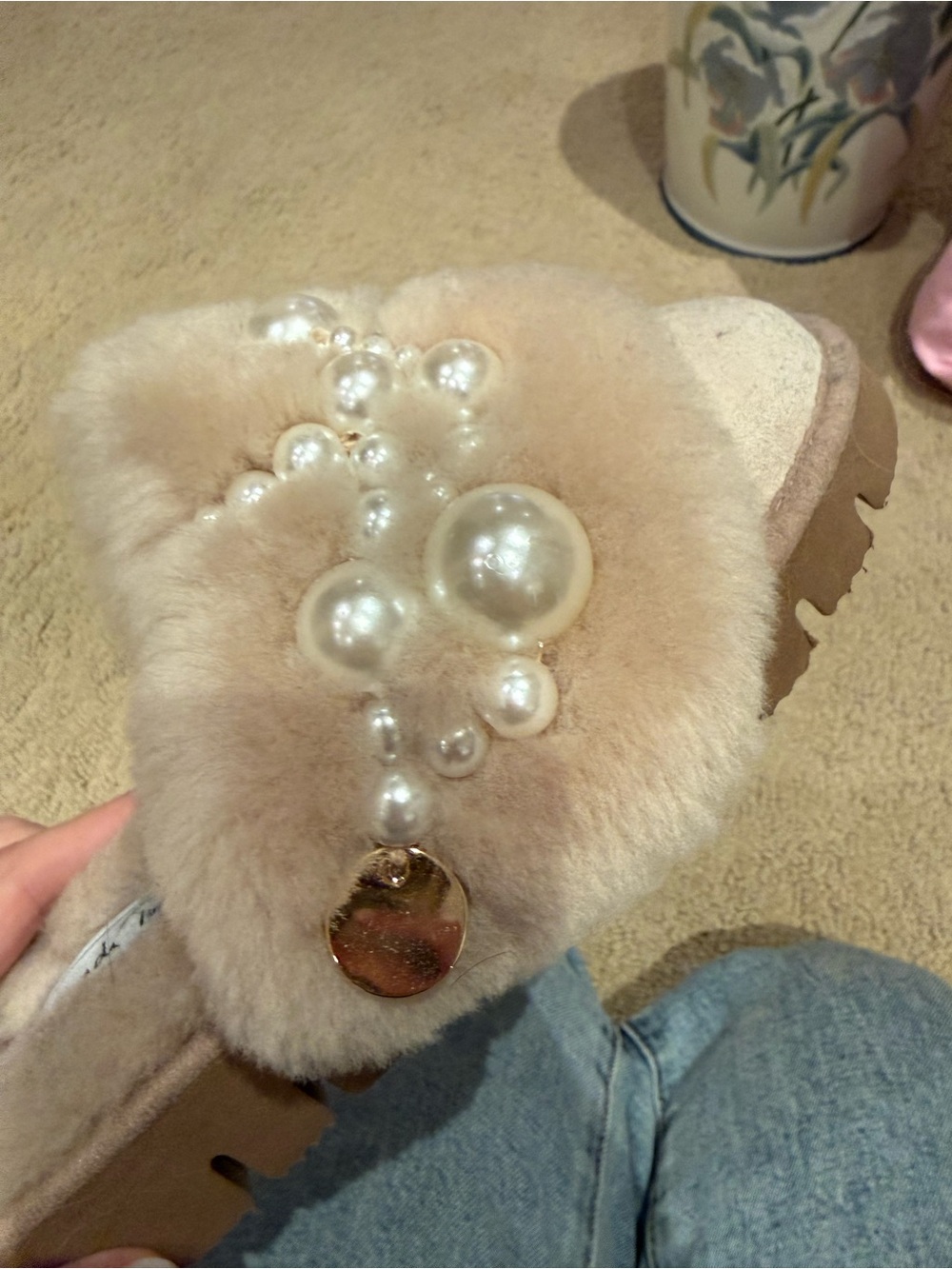 NWT Alameda Turquesa -Fur Pearl Slide Sandal in Beige -